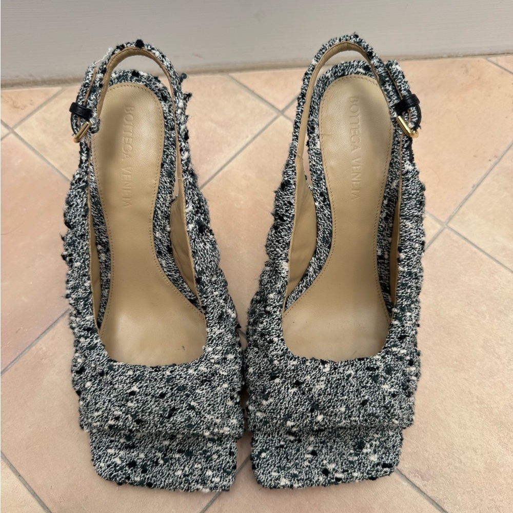 Bottega Veneta Black & White Tweed Slingback Heels